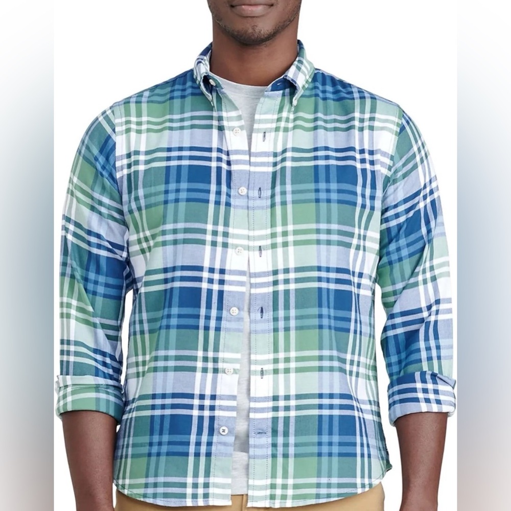 IZOD Mens Woven Multi Plaid Button-Up Long Sleeve Shirt Blue/Green/White Sz 2XL
